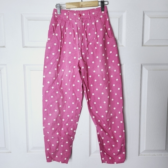 Vintage Pants - Vintage GLOB Bubblegum Pink White Polka Dot High Waisted Denim Trousers size 6